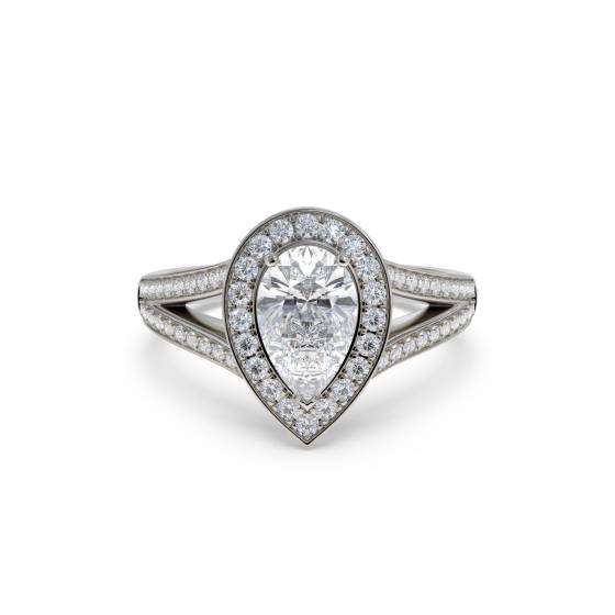 Birnenförmiger Diamantring mit Lünettenfassung und einzelnem Halo-Schulterring