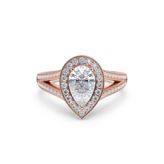 Birnenförmiger Diamantring mit Lünettenfassung und einzelnem Halo-Schulterring