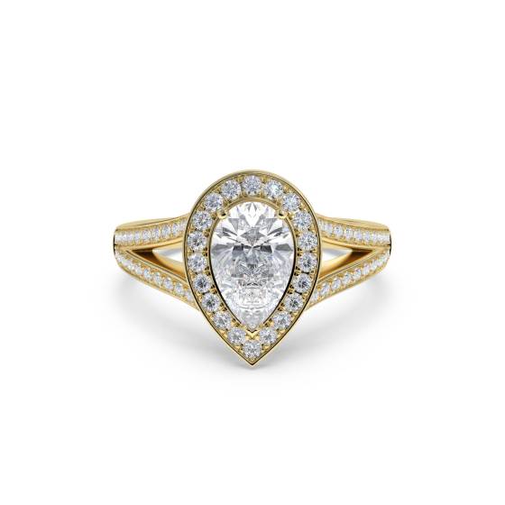 Birnenförmiger Diamantring mit Lünettenfassung und einzelnem Halo-Schulterring