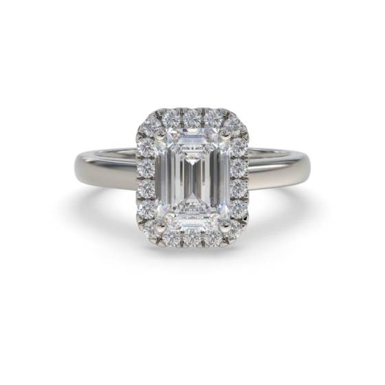 Smaragd- und Runddiamant-Ring mit einzelnem Halo