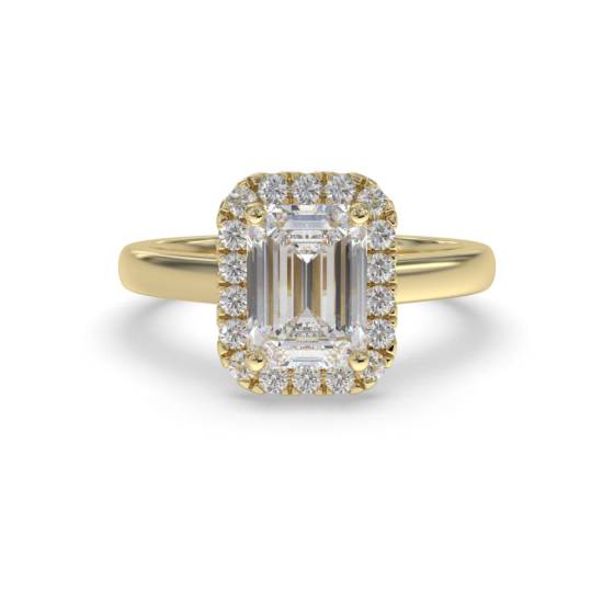 Smaragd- und Runddiamant-Ring mit einzelnem Halo