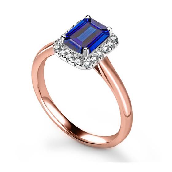 Smaragdblauer Saphir- und Diamant-Halo-Ring