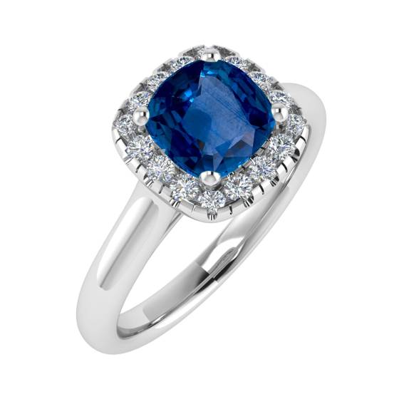 Kissenförmiger blauer Saphir und Diamant-Halo-Ring