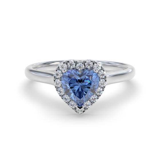 Ring mit blauem Saphir im Herzschliff und Diamanten im Halo-Design