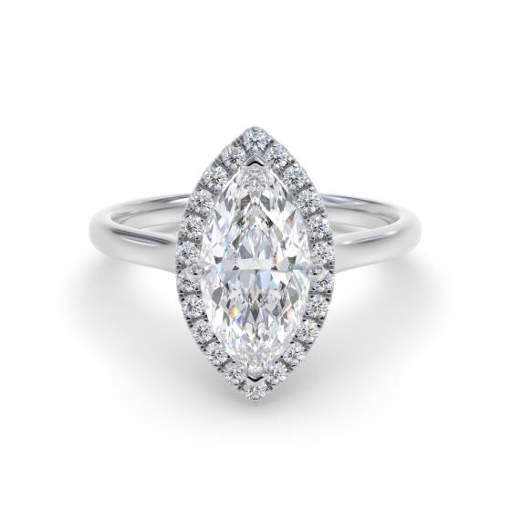 Marquise- und Runddiamant-Ring mit einzelnem Halo
