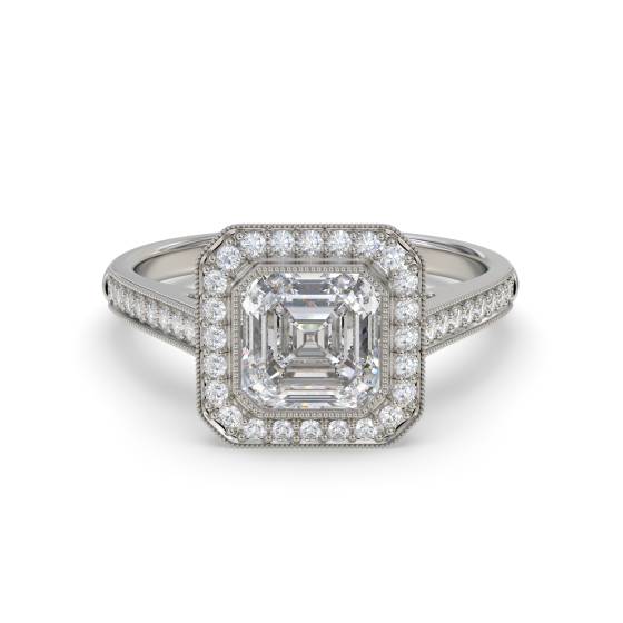 Asscher-Diamantring mit Lünettenfassung und einzelnem Halo-Schulterring