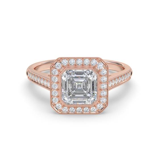 Asscher-Diamantring mit Lünettenfassung und einzelnem Halo-Schulterring