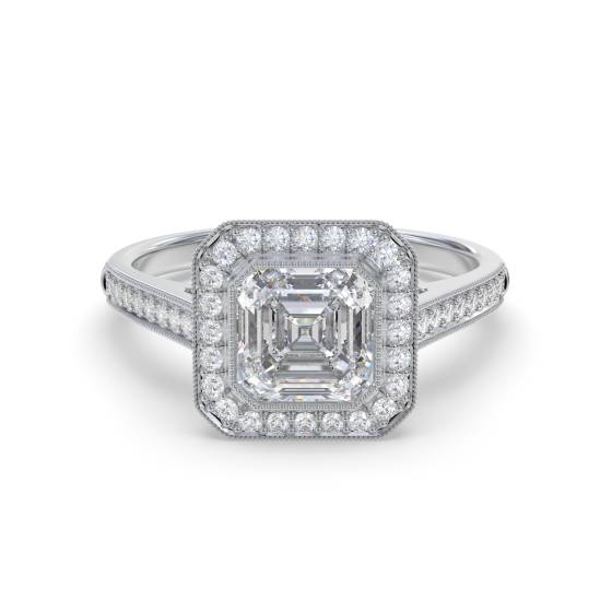 Asscher-Diamantring mit Lünettenfassung und einzelnem Halo-Schulterring