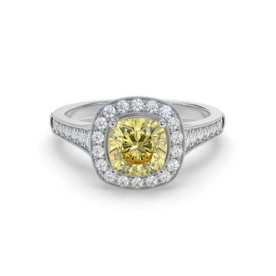 Ring mit gelbem Kissen-Diamanten an den Schultern
