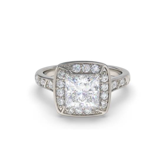 Prinzess-Diamantring mit Lünettenfassung und einzelnem Halo-Schulterring