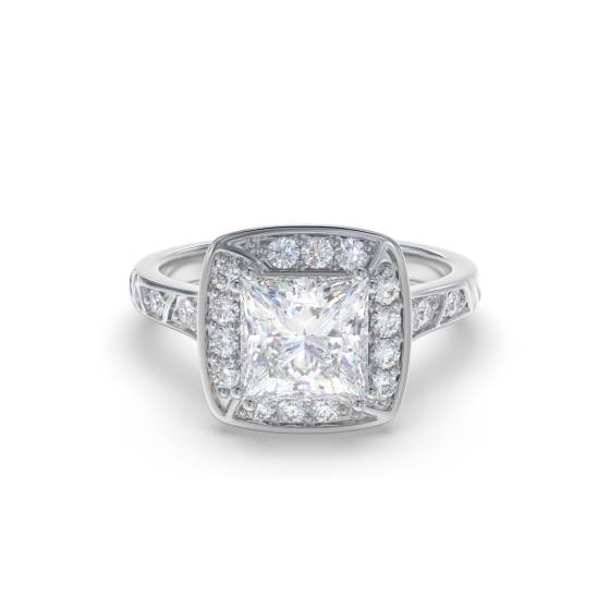 Prinzess-Diamantring mit Lünettenfassung und einzelnem Halo-Schulterring