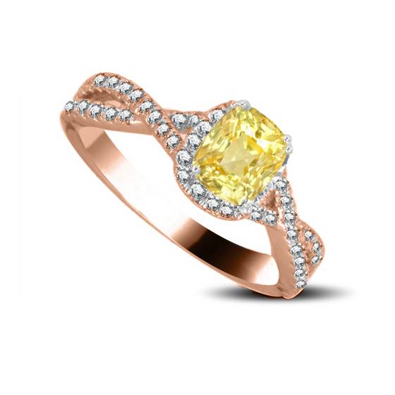 Ring mit gelbem Kissen-Diamanten und Halo-Schulter