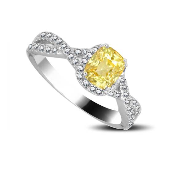 Ring mit gelbem Kissen-Diamanten und Halo-Schulter