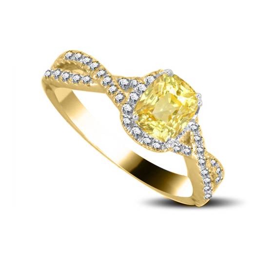 Ring mit gelbem Kissen-Diamanten und Halo-Schulter