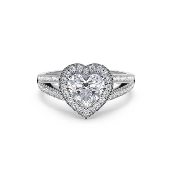 Herzförmiger Diamantring mit Halo-Schulterfassung