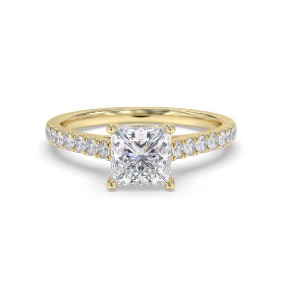 0.85ct IF/D Lab Grown Cushion Diamond Shoulder Set Ring in 18k Yellow Gold