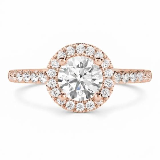 Runder Diamantring mit einzelner Halo-Fassung an der Schulter