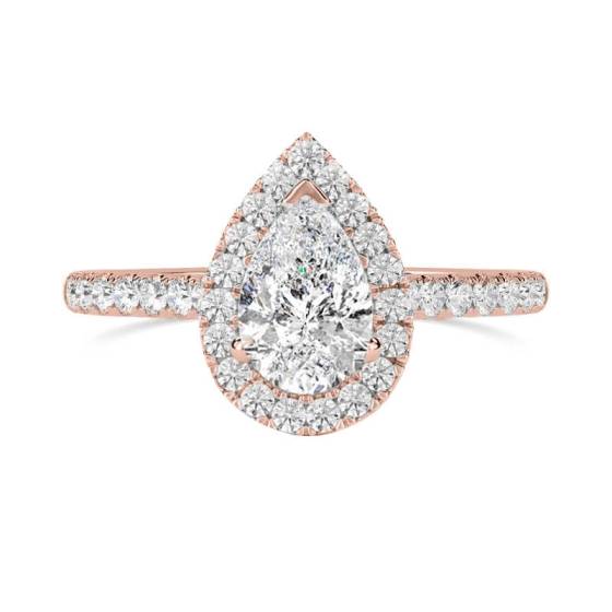 Birnenförmiger Diamantring mit Halo-Schulterfassung
