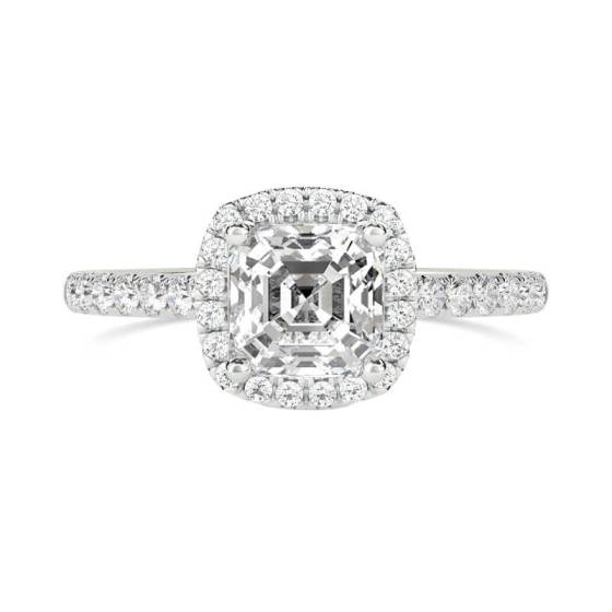 Asscher-Diamant-Ring mit einzelnem Halo und Schulterfassung