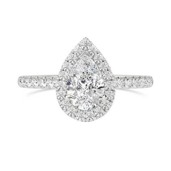 Birnenförmiger Diamantring mit Halo-Schulterfassung