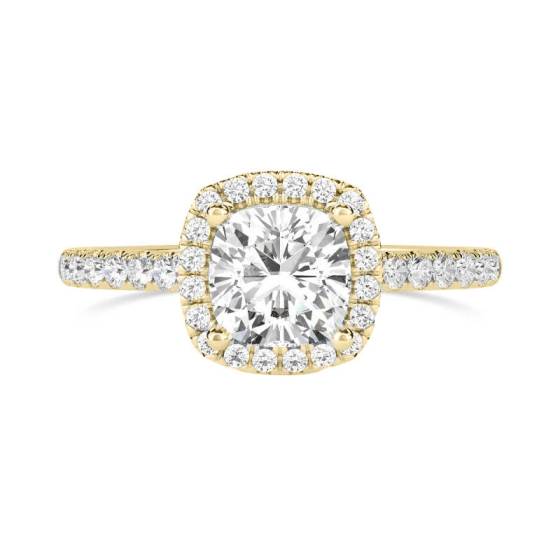 Kissenförmiger Diamantring mit Halo-Schulterfassung
