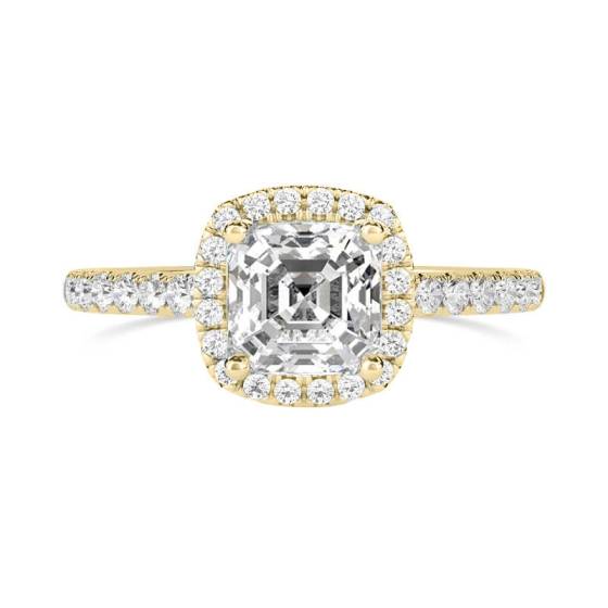 Asscher-Diamant-Ring mit einzelnem Halo und Schulterfassung