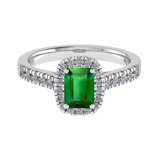 Smaragd- und Diamantring mit einzelner Halo-Schulterfassung