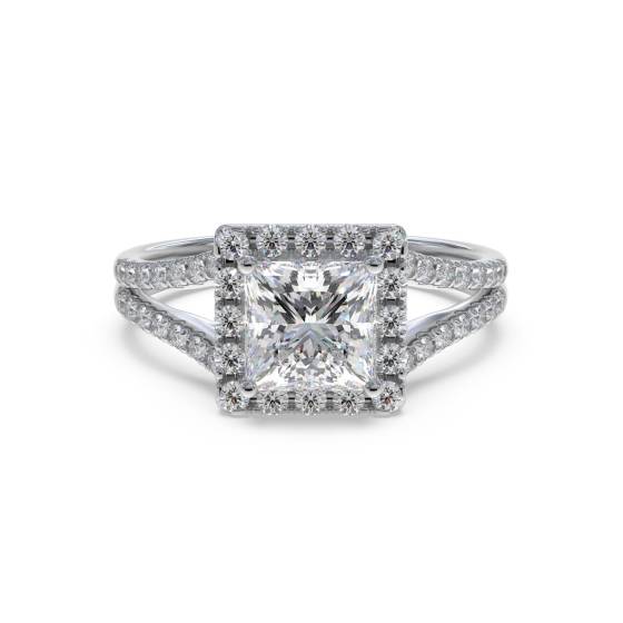 Prinzess-Diamant-Ring mit einzelnem Halo