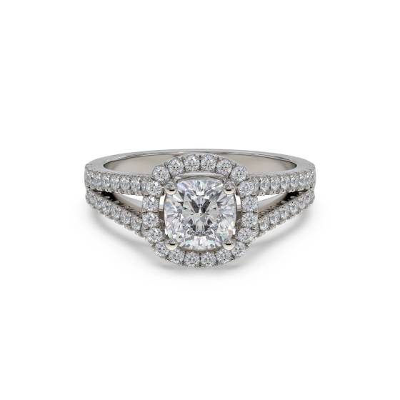 Kissenförmiger Diamantring mit Halo-Schulterfassung