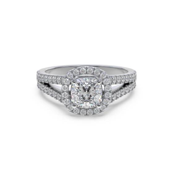 Kissenförmiger Diamantring mit Halo-Schulterfassung