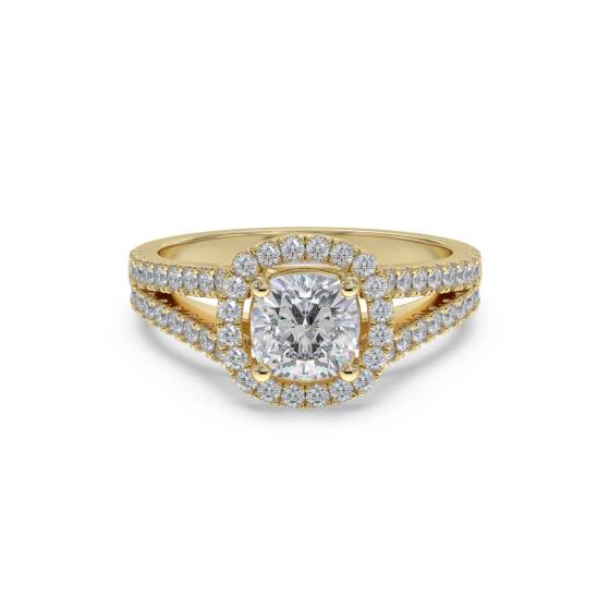 Kissenförmiger Diamantring mit Halo-Schulterfassung