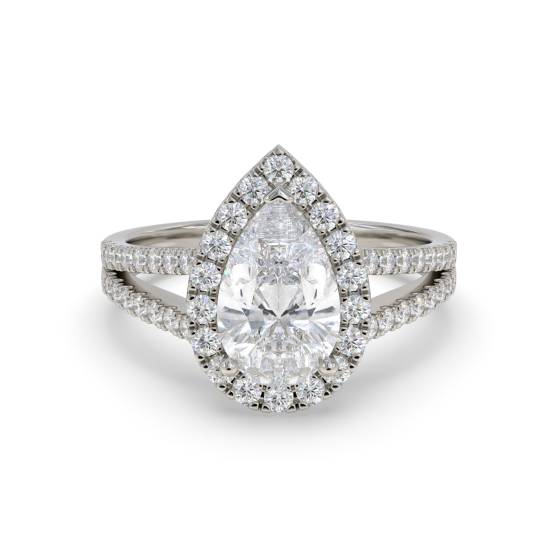 Birnenförmiger Diamantring mit Halo-Schulterfassung