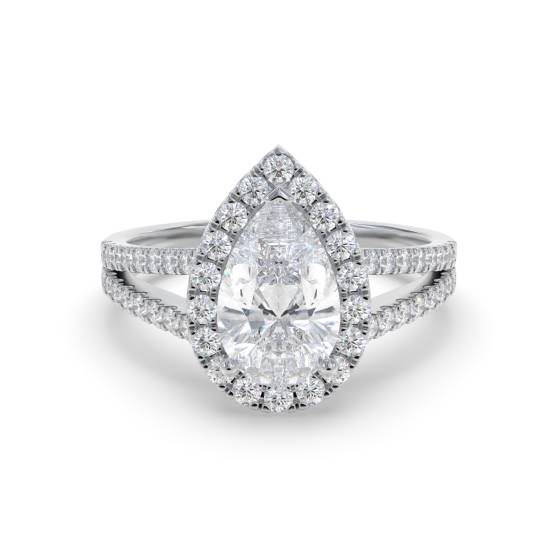 Birnenförmiger Diamantring mit Halo-Schulterfassung