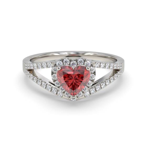 Herzförmiger Rubin- und Diamantring mit doppeltem Halo-Schulterteil