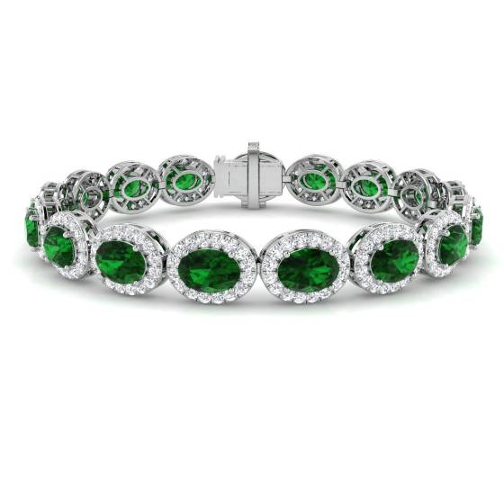 15.13ct VS/F Oval cut Lab Grown Diamond 7 Inches Green Emerald Gemstone Tennis Bracelet in 18k White Gold
