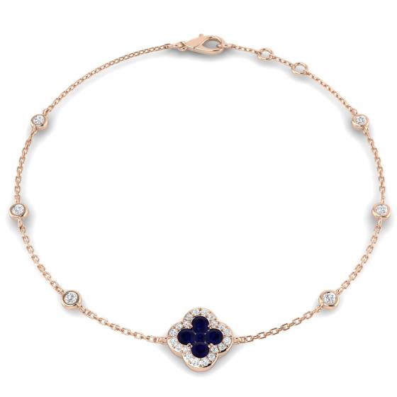 Armband mit rundem, blauem Saphir und Kleeblattmotiv