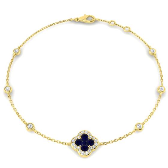 Armband mit rundem, blauem Saphir und Kleeblattmotiv