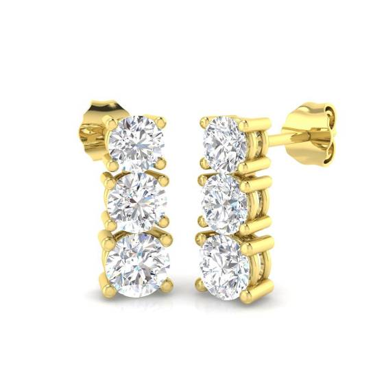 1.80ct VVS/D-E Lab Grown Round Cut Diamond Three Stone Earrings in 9k Yellow Gold