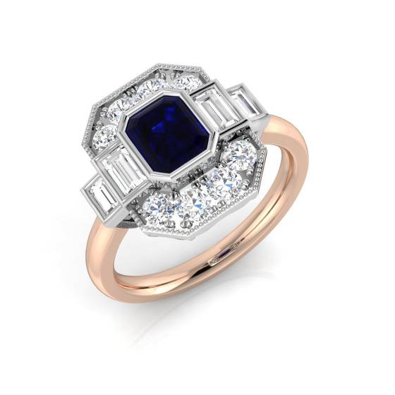 Ring mit smaragdgeschliffenem, blauem Saphir in Zargenfassung