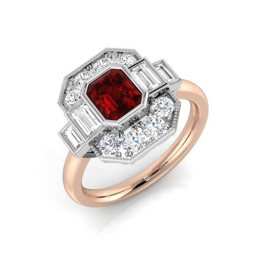Ring mit Halo-Fassung und Rubin im Smaragdschliff