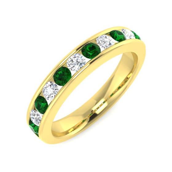 1.00ct VS Round Cut Green Emerald Gemstone and Half Eternity Ring in 18k Yellow Gold