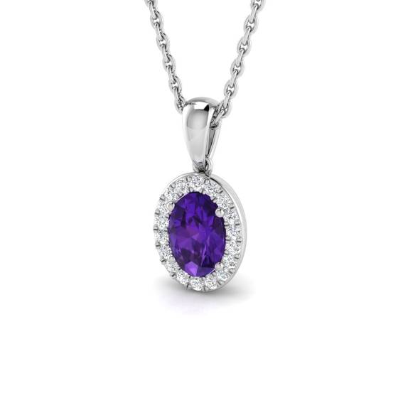 0.55ct VS/E-F Oval Cut Amethyst Gemstone Halo Pendant in 18k White Gold