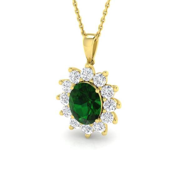 2.33ct Oval Cut Green Emerald Gemstone Halo Pendant in 9k Yellow Gold