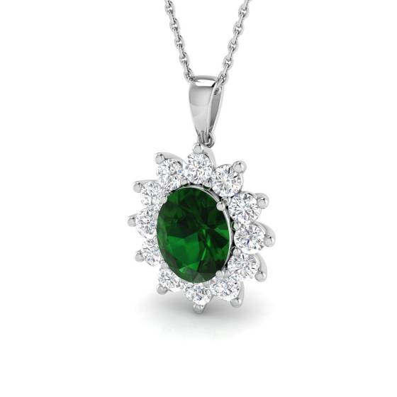 2.33ct Oval Cut Green Emerald Gemstone and Labgrown Diamond Halo Pendant in 9k White Gold