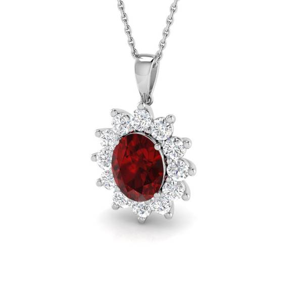 3.25ct Oval Cut Ruby Gemstone and Labgrown Diamond Halo Pendant in 9k White Gold