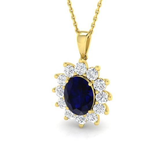 3.51ct VVS/E-F Oval Cut Blue Sapphire Gemstone and Labgrown Diamond Halo Pendant in 9k Yellow Gold