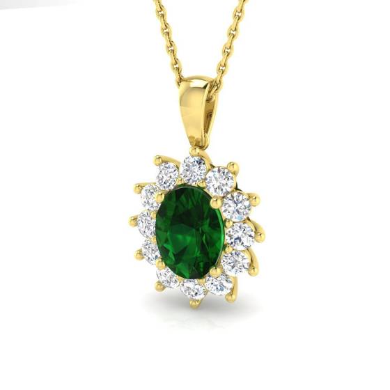 1.64ct VVS/E-F Oval Cut Green Emerald Gemstone and Natural Diamond Halo Pendant in 9k Yellow Gold