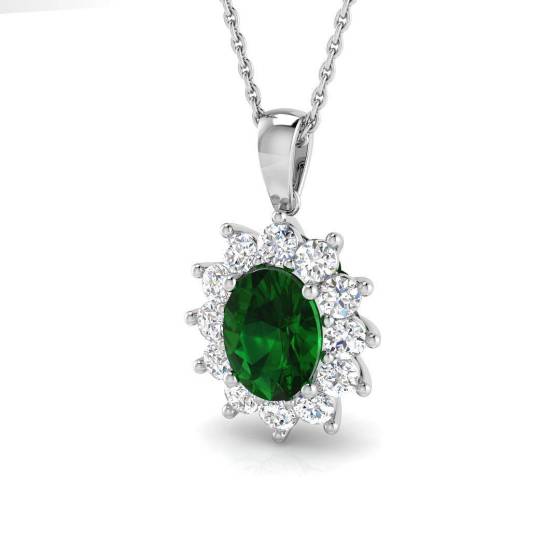 1.64ct VVS/E-F Oval Cut Green Emerald Gemstone and Labgrown Diamond Halo Pendant in 9k White Gold