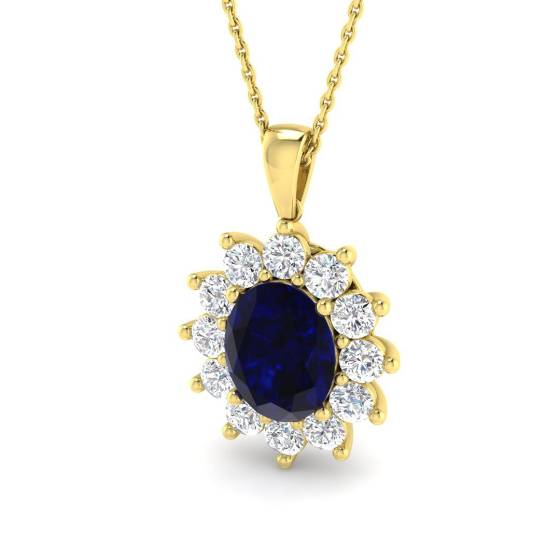 4.45ct VVS/E-F Oval Cut Blue Sapphire Gemstone and Labgrown Diamond Halo Pendant in 9k Yellow Gold