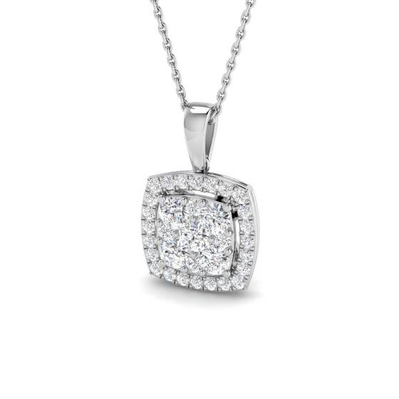 0.90ct VVS/D-E Lab Grown Round Cut Diamond Cluster Halo Pendant in 9k White Gold